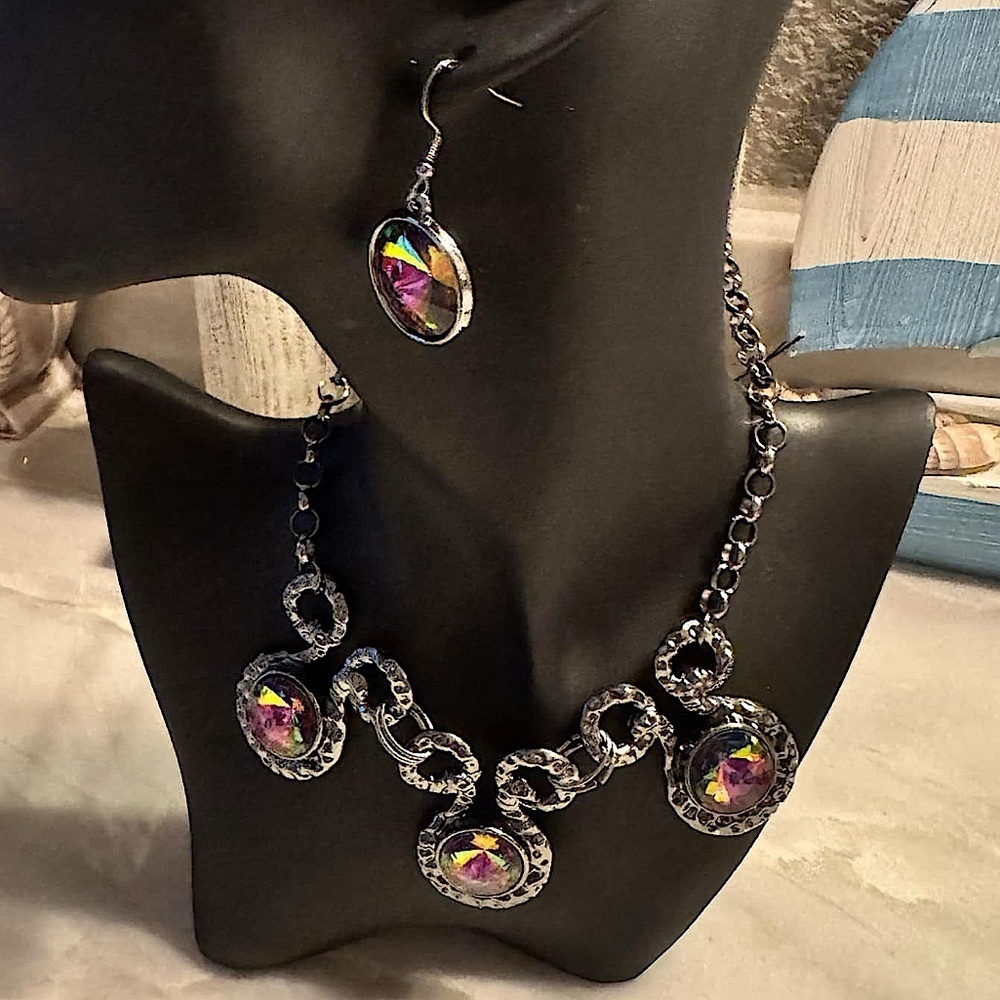 Elegant Silver and Multicolor Necklace and Earring Set hand crafted